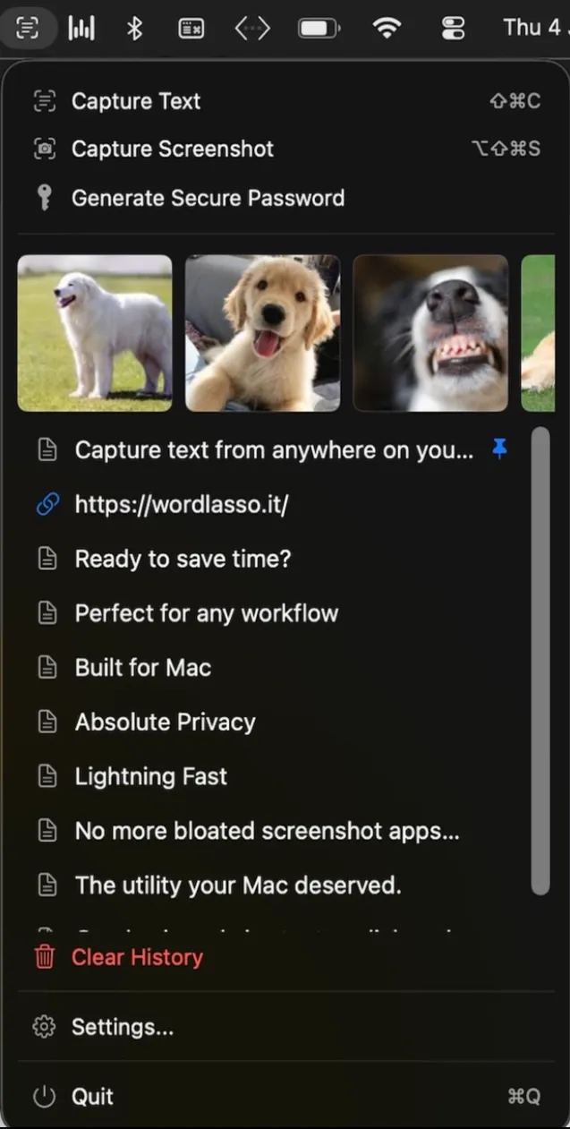 WordLasso menu bar with clipboard history